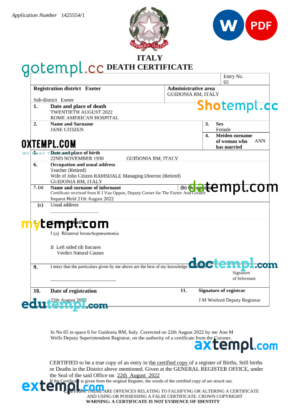 editable template, Italy vital record death certificate Word and PDF template