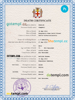 editable template, Jamaica death certificate PSD template, completely editable