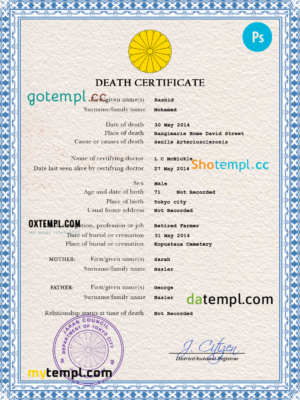 editable template, Japan vital record death certificate PSD template