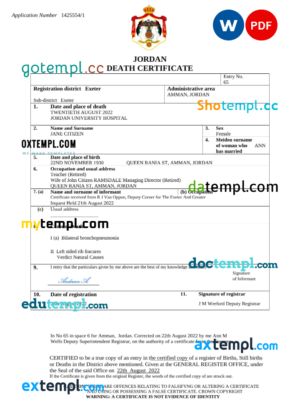 editable template, Jordan vital record death certificate Word and PDF template