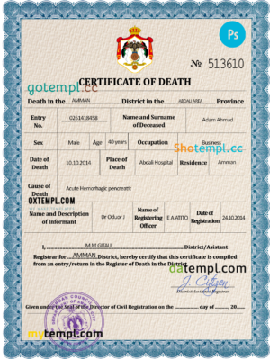 editable template, Jordan vital record death certificate PSD template, completely editable
