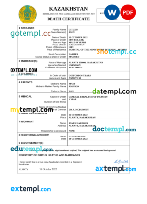 editable template, Kazakhstan death certificate Word and PDF template, completely editable