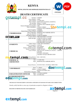 editable template, Kenya vital record death certificate Word and PDF template