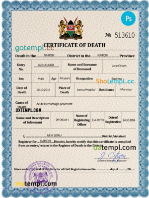 editable template, Kenya vital record death certificate PSD template, fully editable