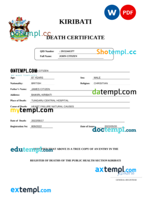 editable template, Kiribati vital record death certificate Word and PDF template