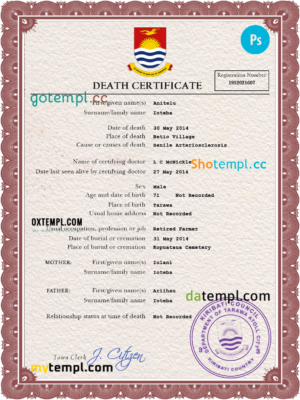 editable template, Kiribati death certificate PSD template, completely editable