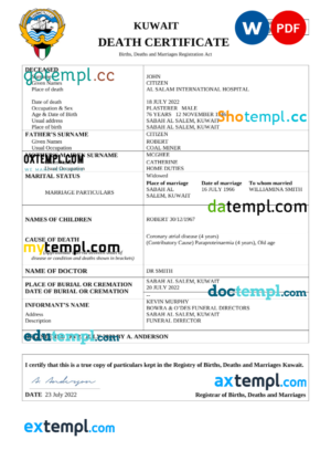 editable template, Kuwait death certificate Word and PDF template, completely editable