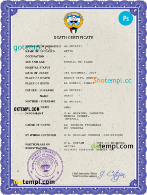 editable template, Kuwait vital record death certificate PSD template