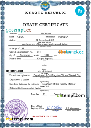 editable template, Kyrgyzstan death certificate PSD template, completely editable