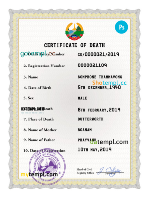 editable template, Laos vital record death certificate PSD template, fully editable