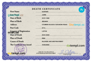editable template, Latvia death certificate PSD template, completely editable