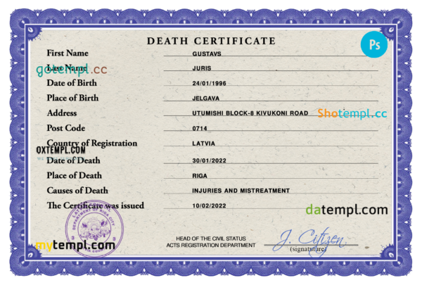 editable template, Latvia death certificate PSD template, completely editable