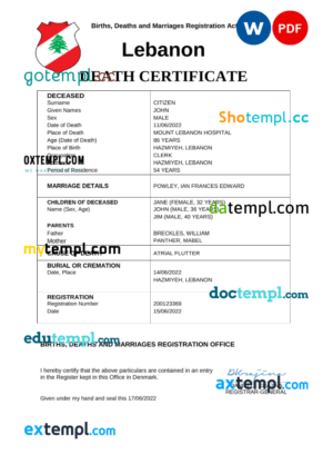 editable template, Lebanon death certificate Word and PDF template, completely editable