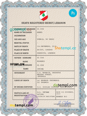 editable template, Lebanon vital record death certificate PSD template, completely editable
