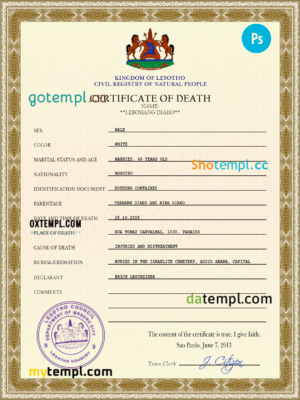 editable template, Lesotho vital record death certificate PSD template
