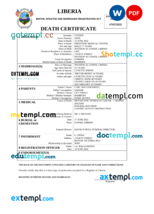 editable template, Liberia death certificate Word and PDF template, completely editable