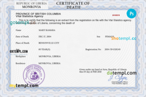 editable template, Liberia death certificate PSD template, completely editable