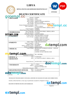 editable template, Libya death certificate Word and PDF template, completely editable