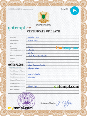 editable template, Libya vital record death certificate PSD template, fully editable