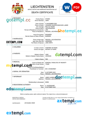 editable template, Liechtenstein vital record death certificate Word and PDF template