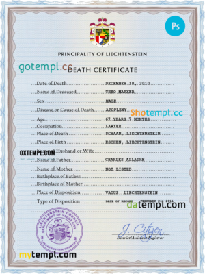 editable template, Liechtenstein vital record death certificate PSD template