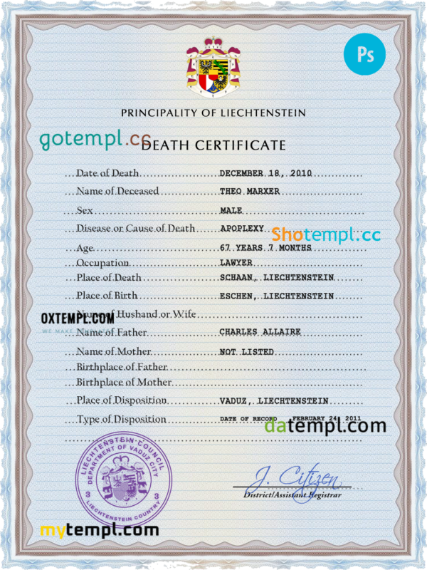 editable template, Liechtenstein vital record death certificate PSD template