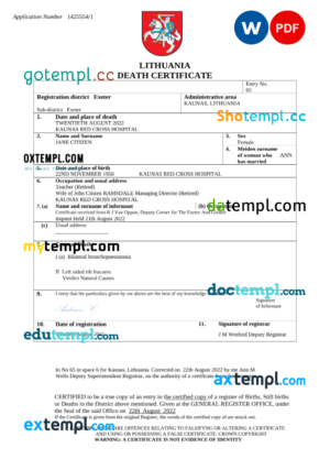 editable template, Lithuania vital record death certificate Word and PDF template