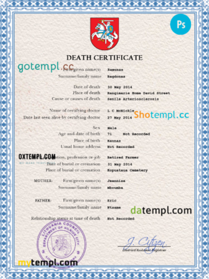 editable template, Lithuania death certificate PSD template, completely editable