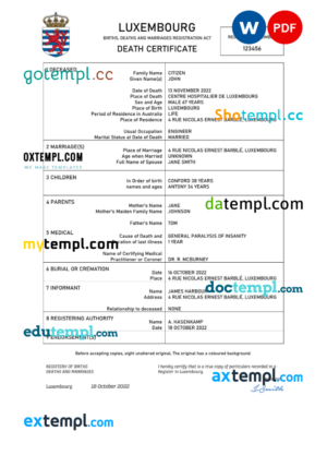 editable template, Luxembourg death certificate Word and PDF template, completely editable