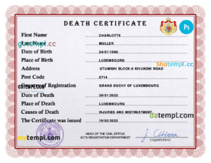 editable template, Luxembourg vital record death certificate PSD template