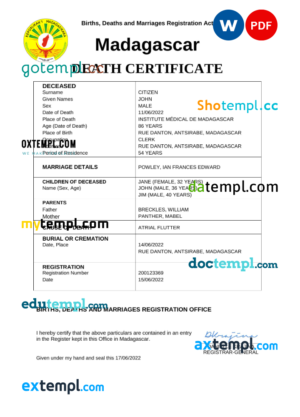 editable template, Madagascar vital record death certificate Word and PDF template