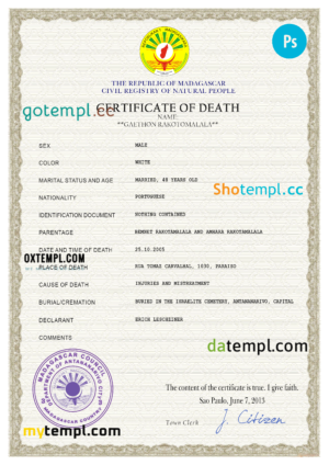 editable template, Madagascar vital record death certificate PSD template, fully editable
