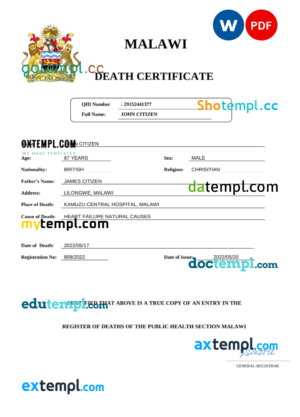 editable template, Malawi vital record death certificate Word and PDF template