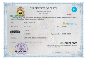 editable template, Malawi death certificate PSD template, completely editable