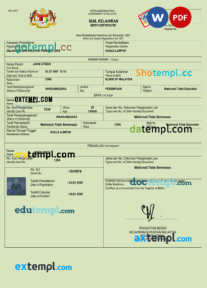 editable template, Malaysia birth certificate Word and PDF template, completely editable