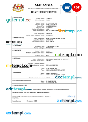 editable template, Malaysia death certificate Word and PDF template, completely editable