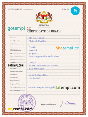 editable template, Malaysia death certificate PSD template, completely editable