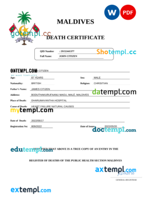 editable template, Maldives vital record death certificate Word and PDF template