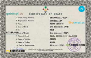 editable template, Maldives vital record death certificate PSD template, completely editable