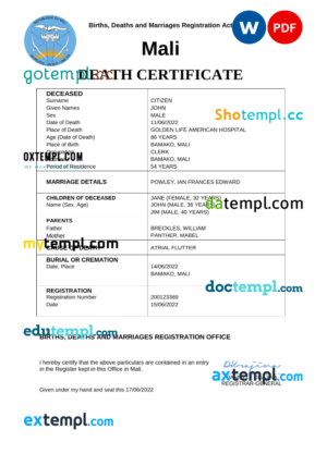 editable template, Mali vital record death certificate Word and PDF template
