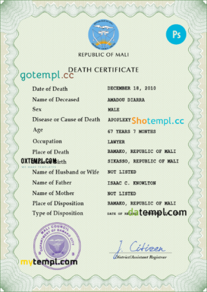 editable template, Mali death certificate PSD template, completely editable
