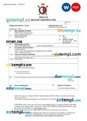 editable template, Malta death certificate Word and PDF template, completely editable