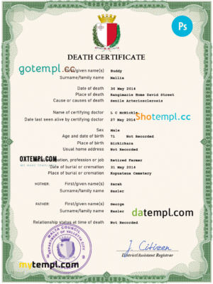 editable template, Malta vital record death certificate PSD template
