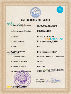 editable template, Marshall Islands death certificate PSD template, completely editable