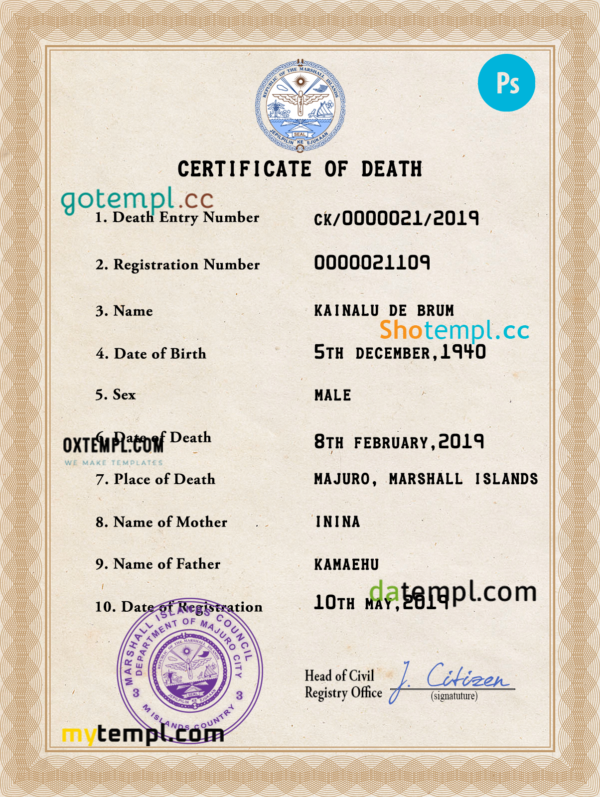editable template, Marshall Islands death certificate PSD template, completely editable