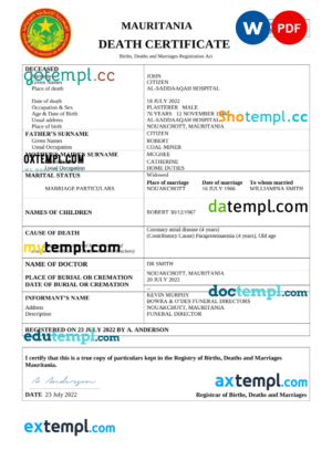 editable template, Mauritania vital record death certificate Word and PDF template