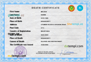 editable template, Mauritania vital record death certificate PSD template, fully editable