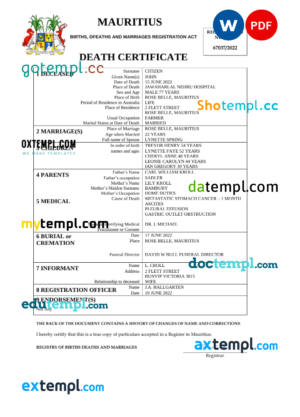 editable template, Mauritius death certificate Word and PDF template, completely editable