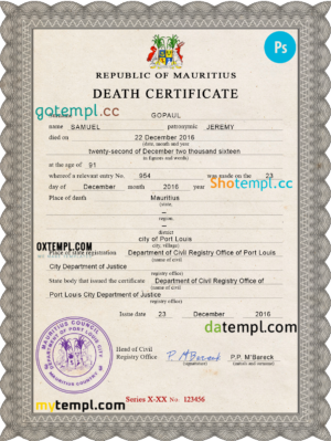 editable template, Mauritius vital record death certificate PSD template