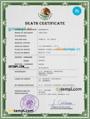 editable template, Mexico death certificate PSD template, completely editable